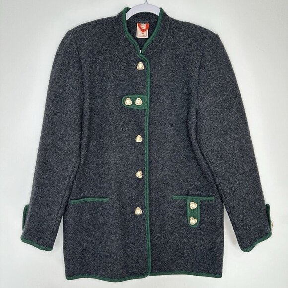 Elegance Seiler Cardigan Boiled Wool Button Front Sz 38 Gray Green trim Pockets - Picture 1 of 13
